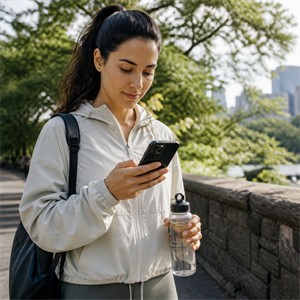 Active city walker holding a protected phone and water bottle beside a park path