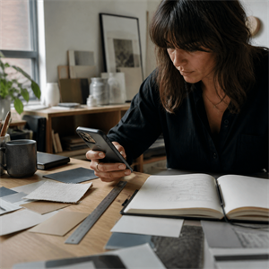 Creative professional using a protected phone beside material samples and a sketchbook