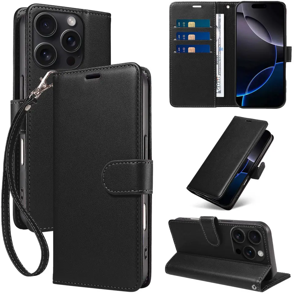 JHWVVTF Wallet Flip Case for iPhone 16 Pro, RFID-Blocking (Black), view 1
